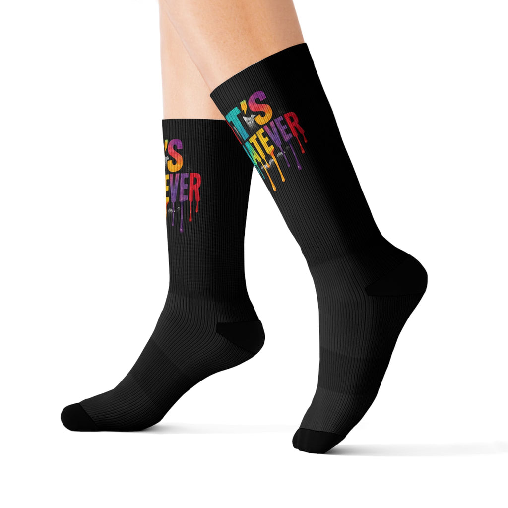 Black Sublimation Socks — "It's Whatever" Color Drip Crew Socks