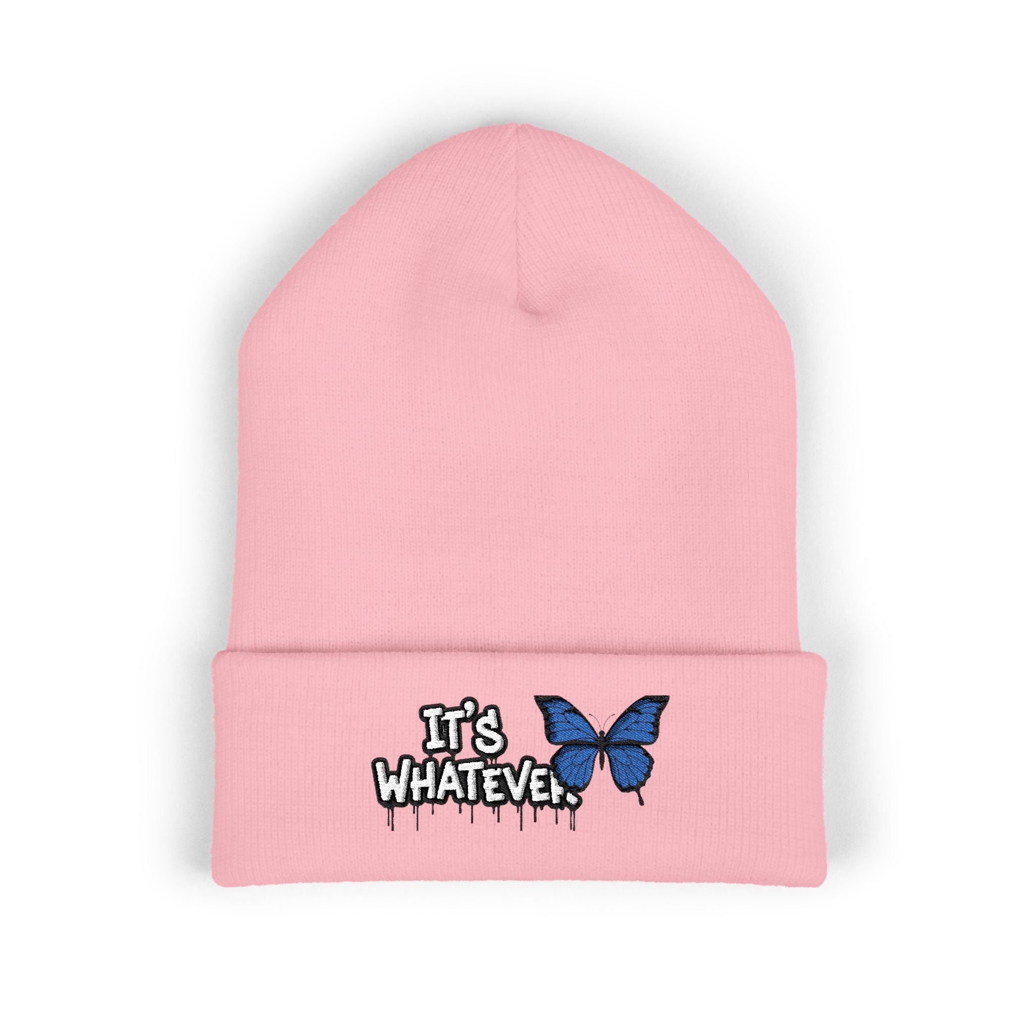 Embroidered 'It's Whatever' Beanie — Blue Butterfly Cuffed Knit Hat