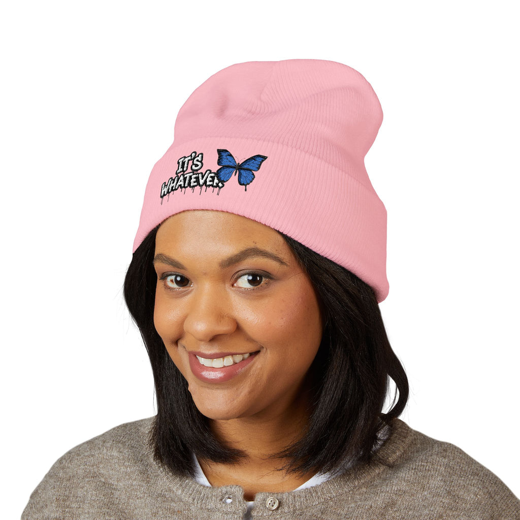 Embroidered 'It's Whatever' Beanie — Blue Butterfly Cuffed Knit Hat