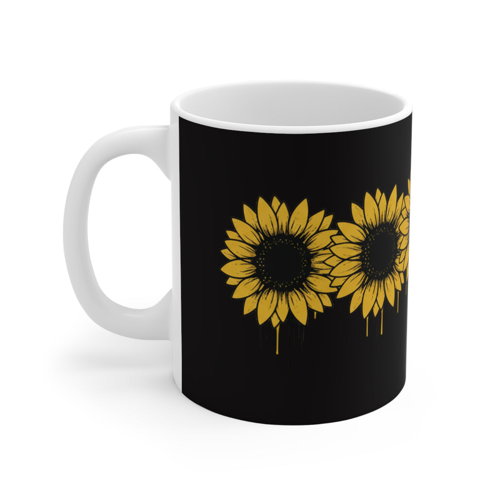 Sunflower Drip Black Ceramic Mug — 11oz Floral Coffee Cup