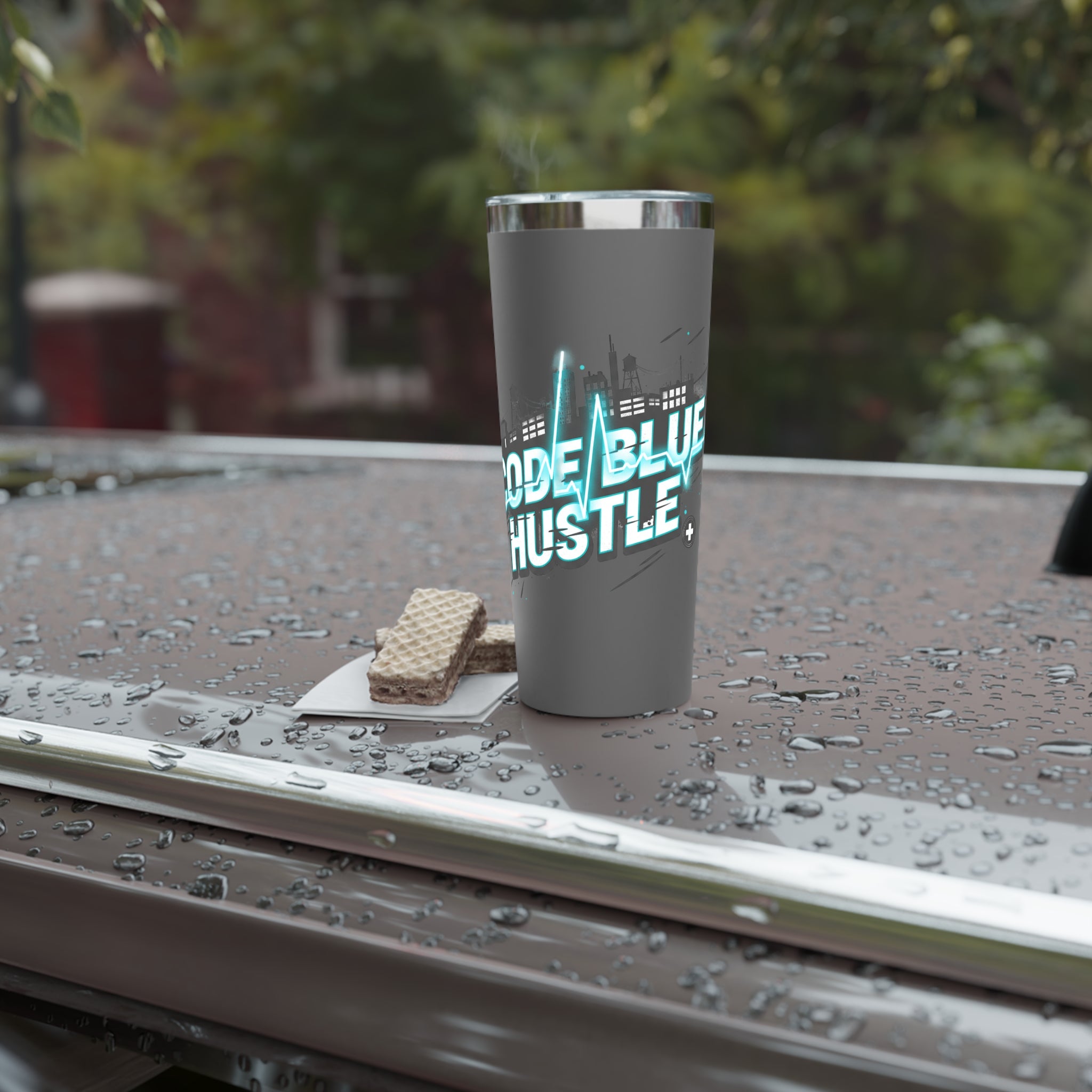 22oz Insulated Tumbler — “Code Blue Hustle” Neon City Travel Cup