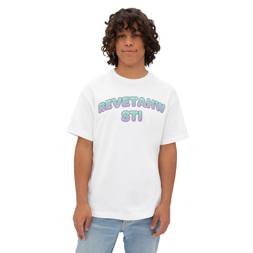 Boxy Tee — Pastel Bubble Text 'REVETAHW STI' Graphic