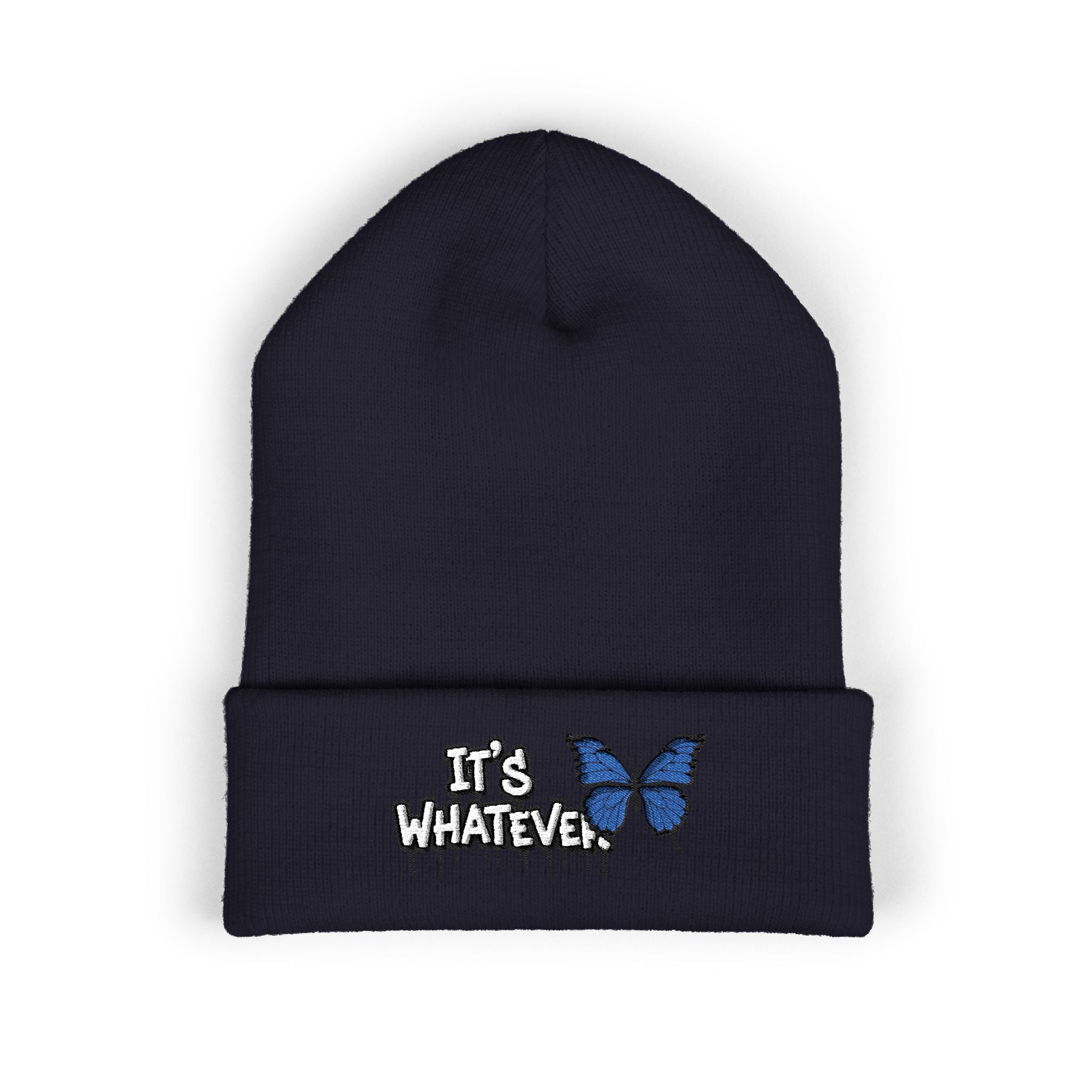 Embroidered 'It's Whatever' Beanie — Blue Butterfly Cuffed Knit Hat