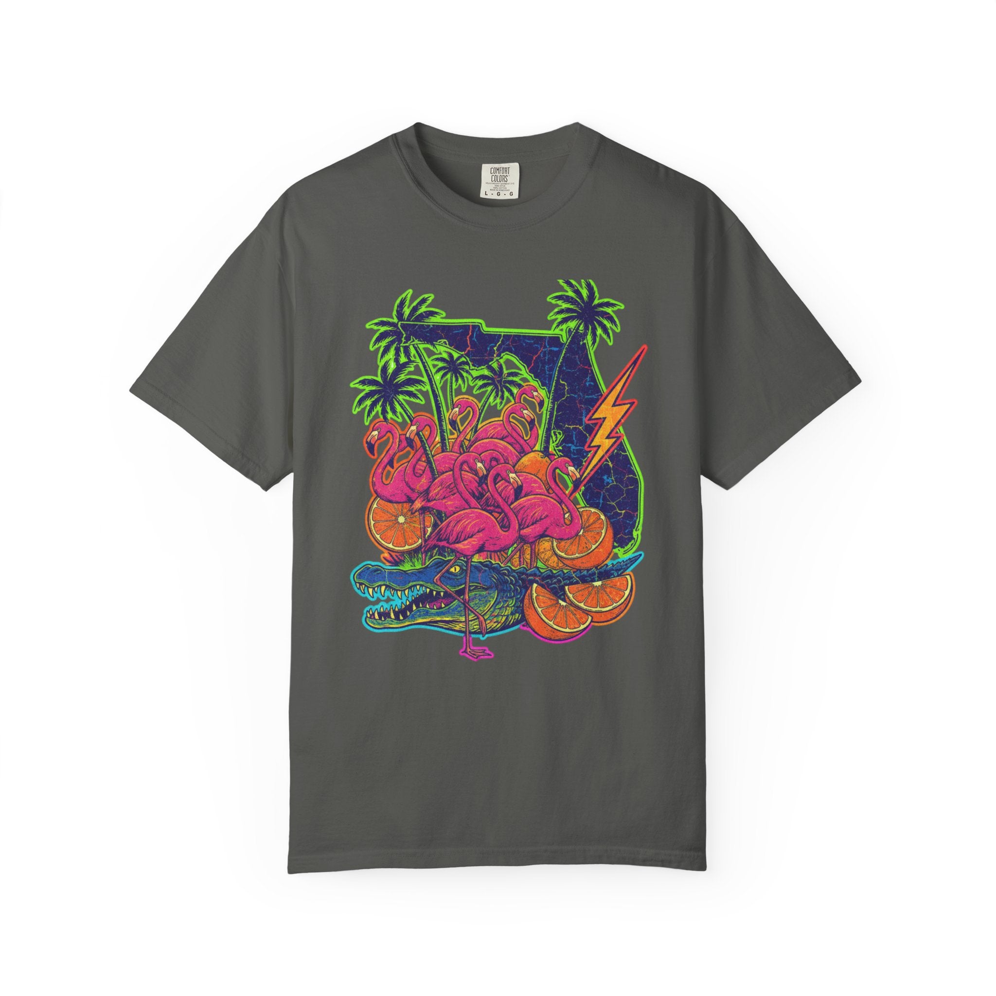 T-Shirt — Neon Flamingo & Crocodile Tropical Graphic