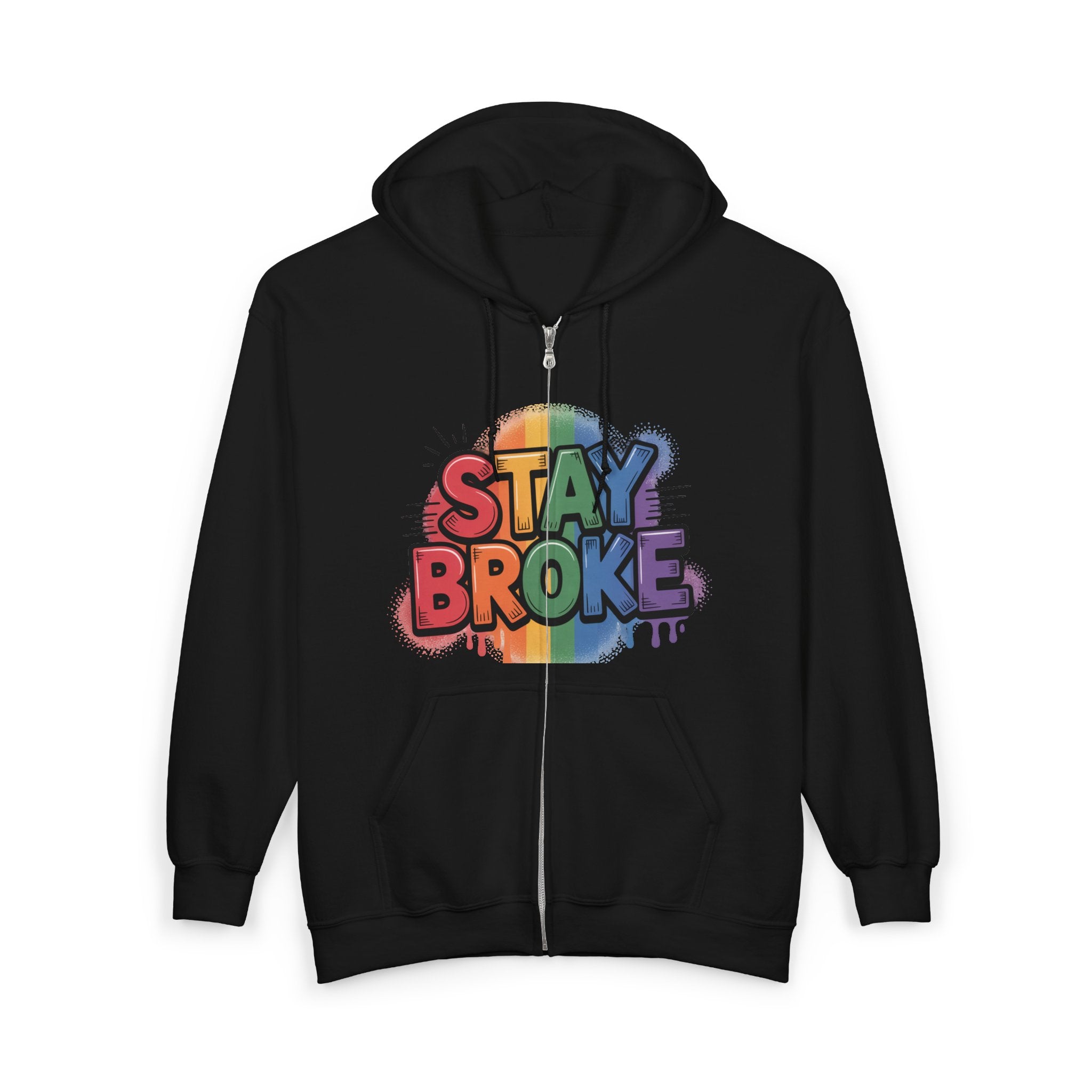 Stay Broke Rainbow Zip Hoodie — Funny Retro Graphic Full‑Zip Sweatshirt
