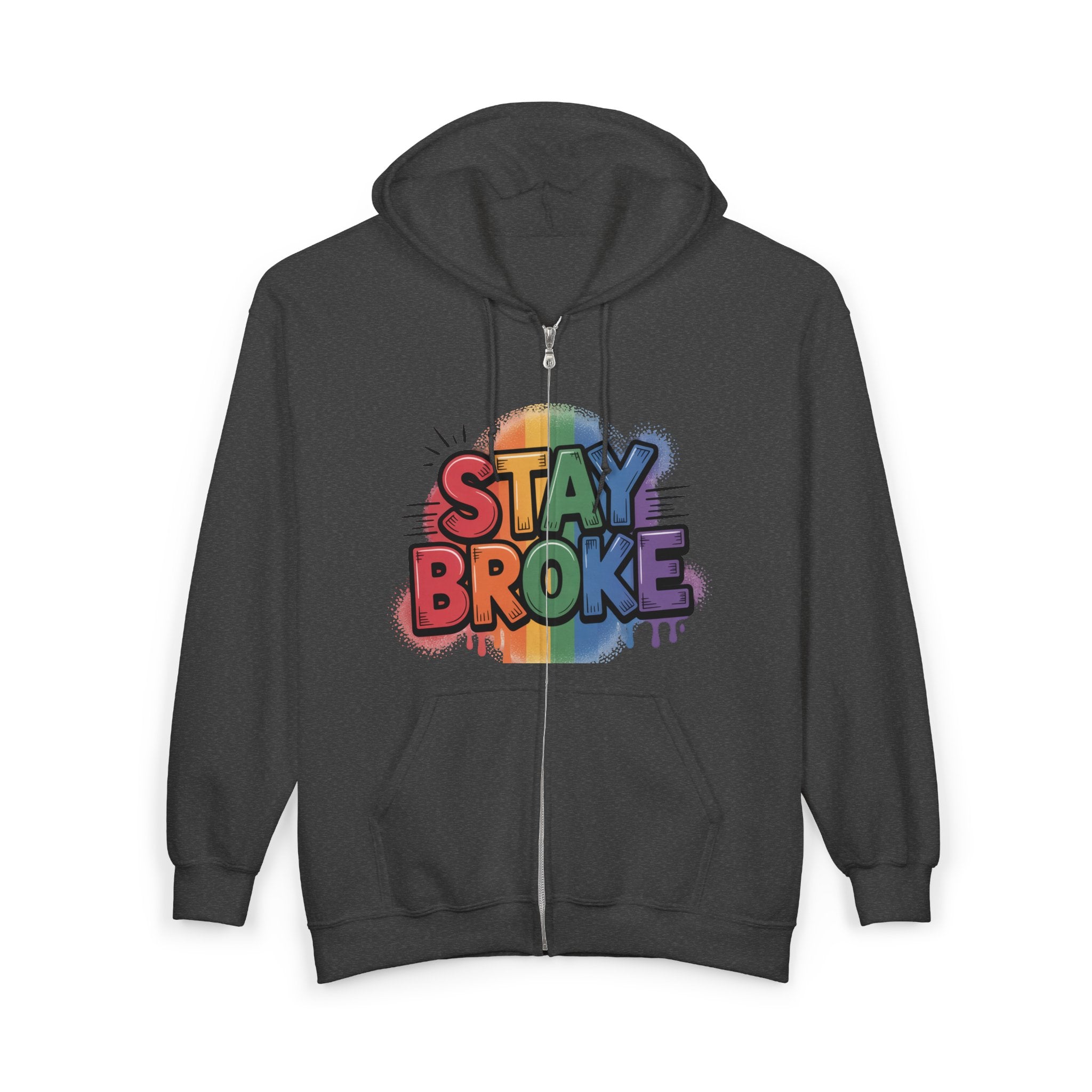 Stay Broke Rainbow Zip Hoodie — Funny Retro Graphic Full‑Zip Sweatshirt