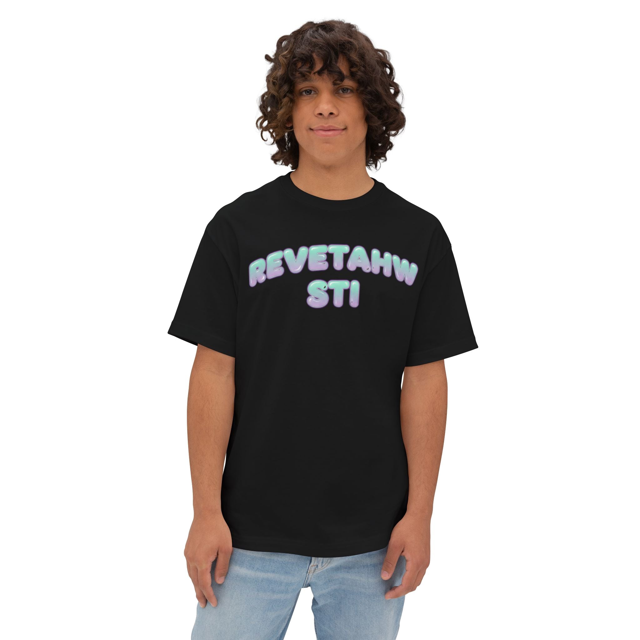 Boxy Tee — Pastel Bubble Text 'REVETAHW STI' Graphic