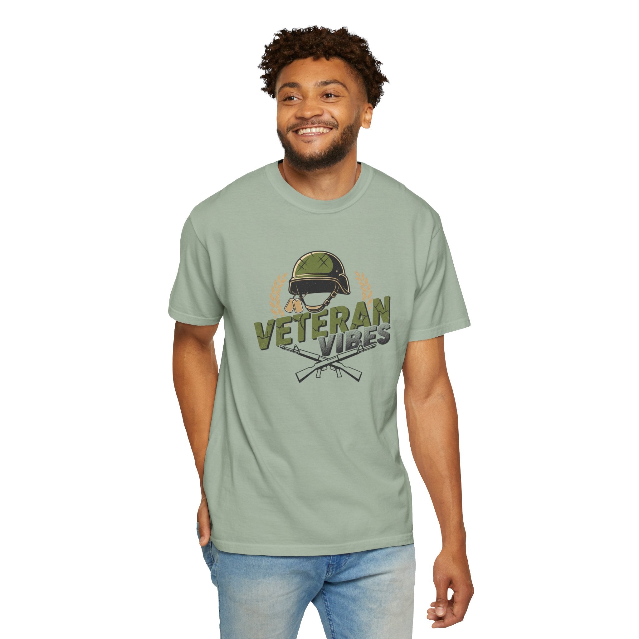 Veteran Vibes T-Shirt — Military Helmet & Crossed Rifles Veteran Shirt