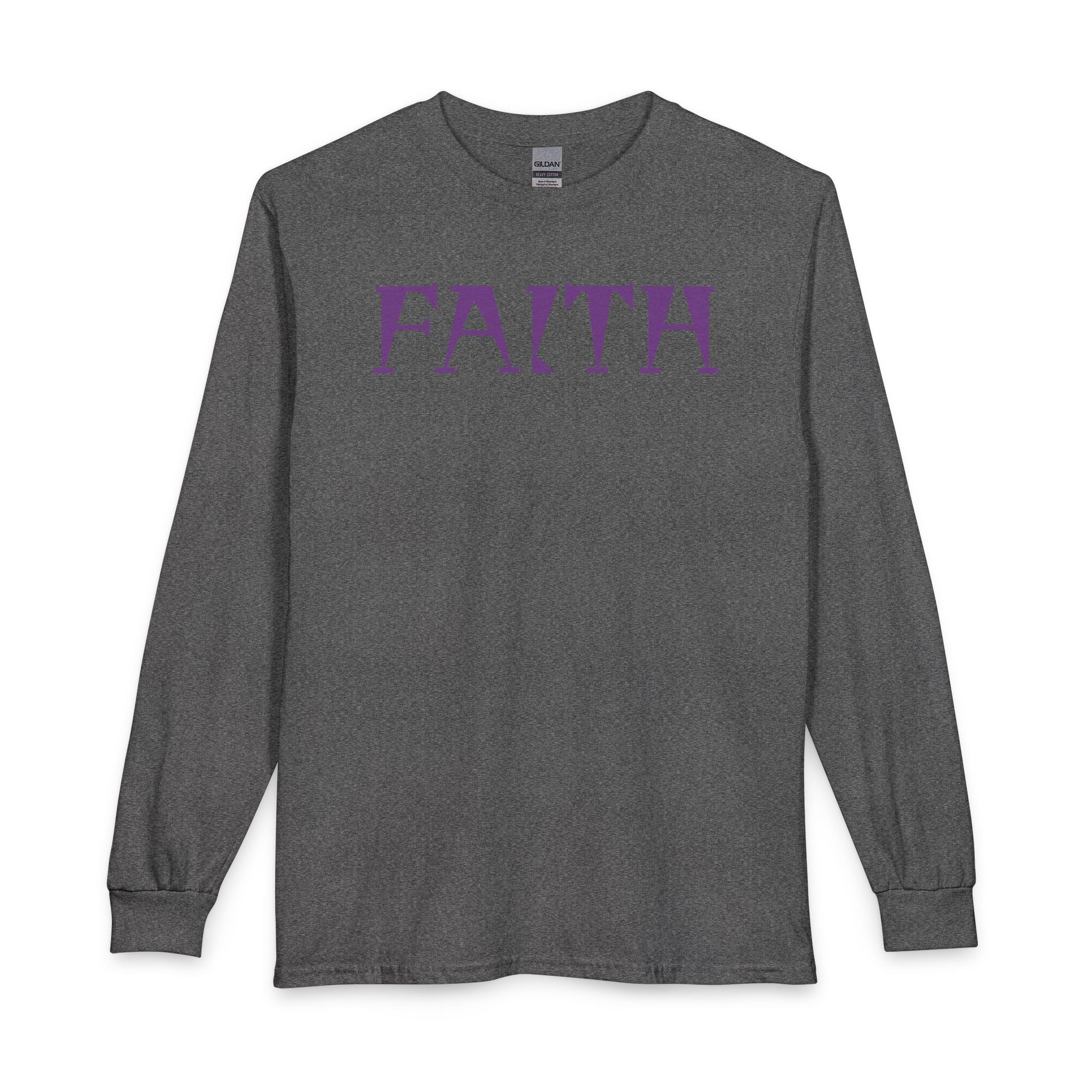 Faith Long Sleeve Tee — Purple Gothic Lettering Spiritual Shirt