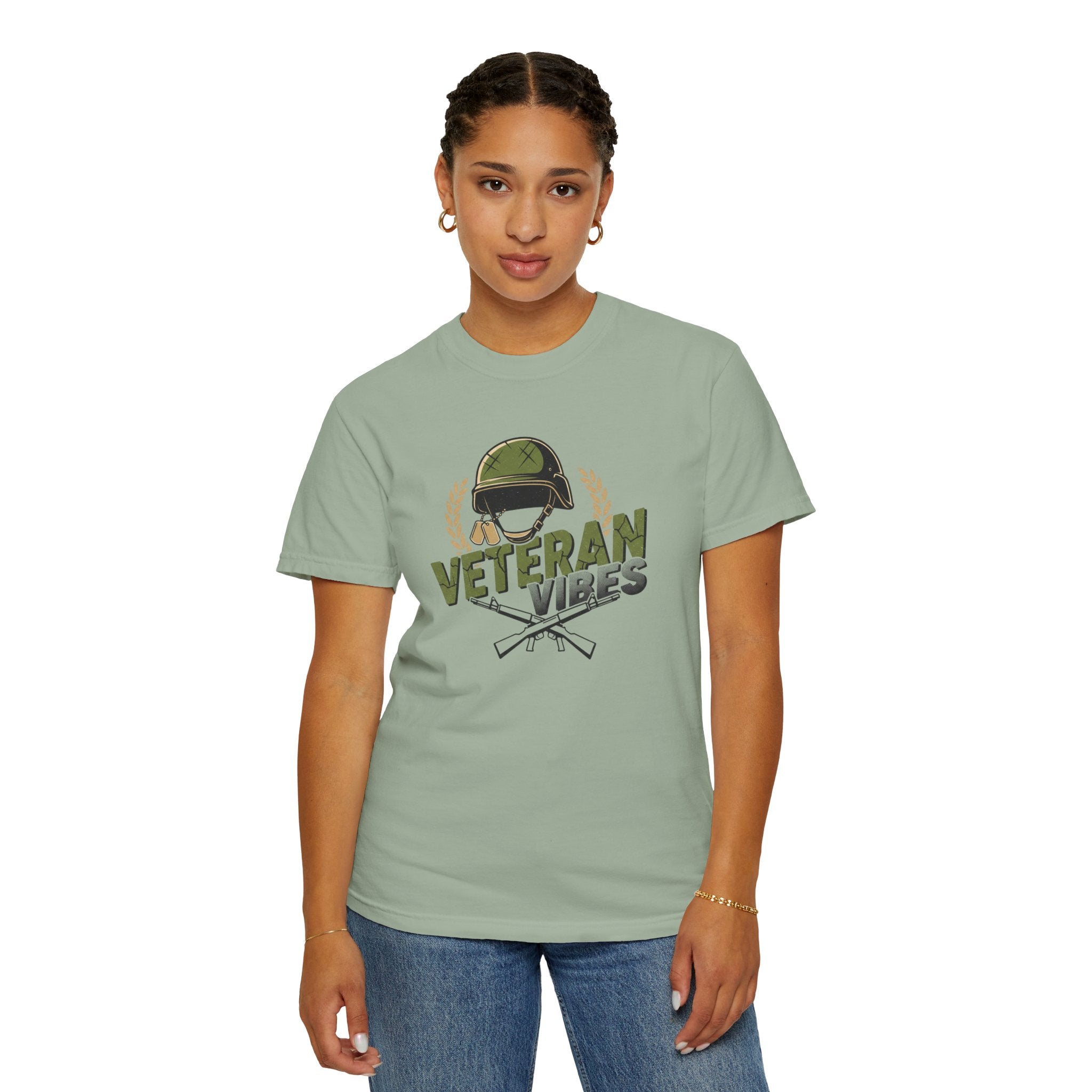 Veteran Vibes T-Shirt — Military Helmet & Crossed Rifles Veteran Shirt