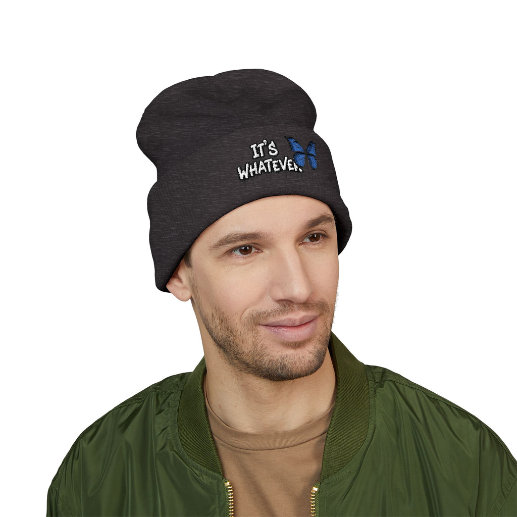 Embroidered 'It's Whatever' Beanie — Blue Butterfly Cuffed Knit Hat