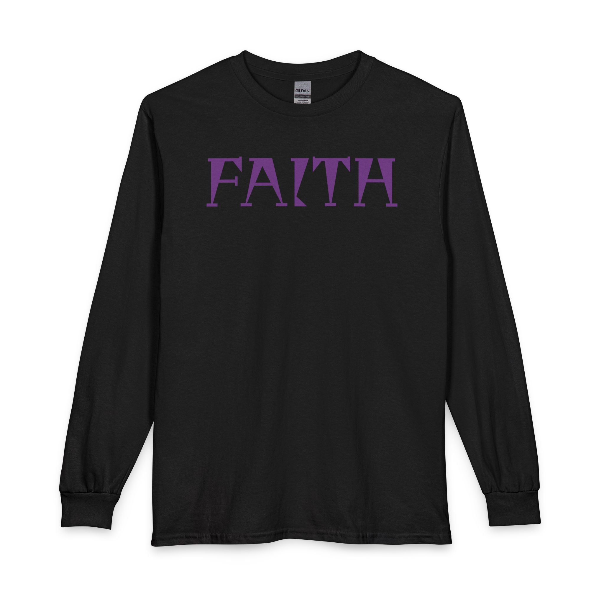 Faith Long Sleeve Tee — Purple Gothic Lettering Spiritual Shirt