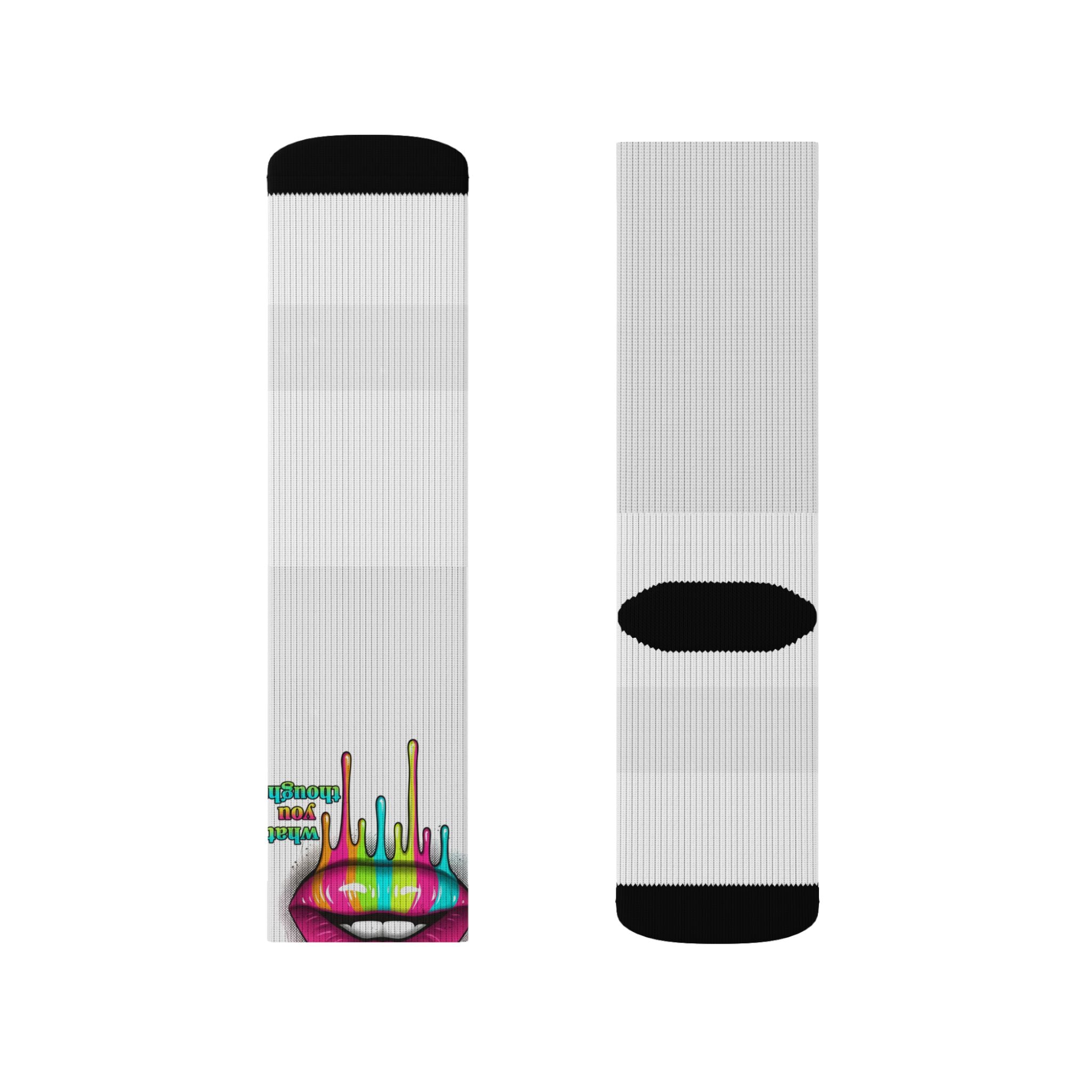 Colorful Lip Art Socks — Sublimated Graphic Crew Socks with Rainbow Drip Design