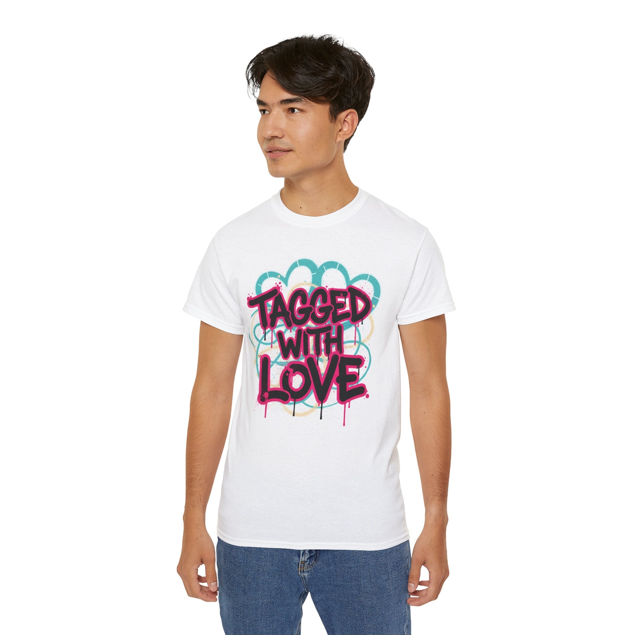 Tagged With Love Graffiti T‑Shirt — Urban Streetwear Tee with Pink Drip Script