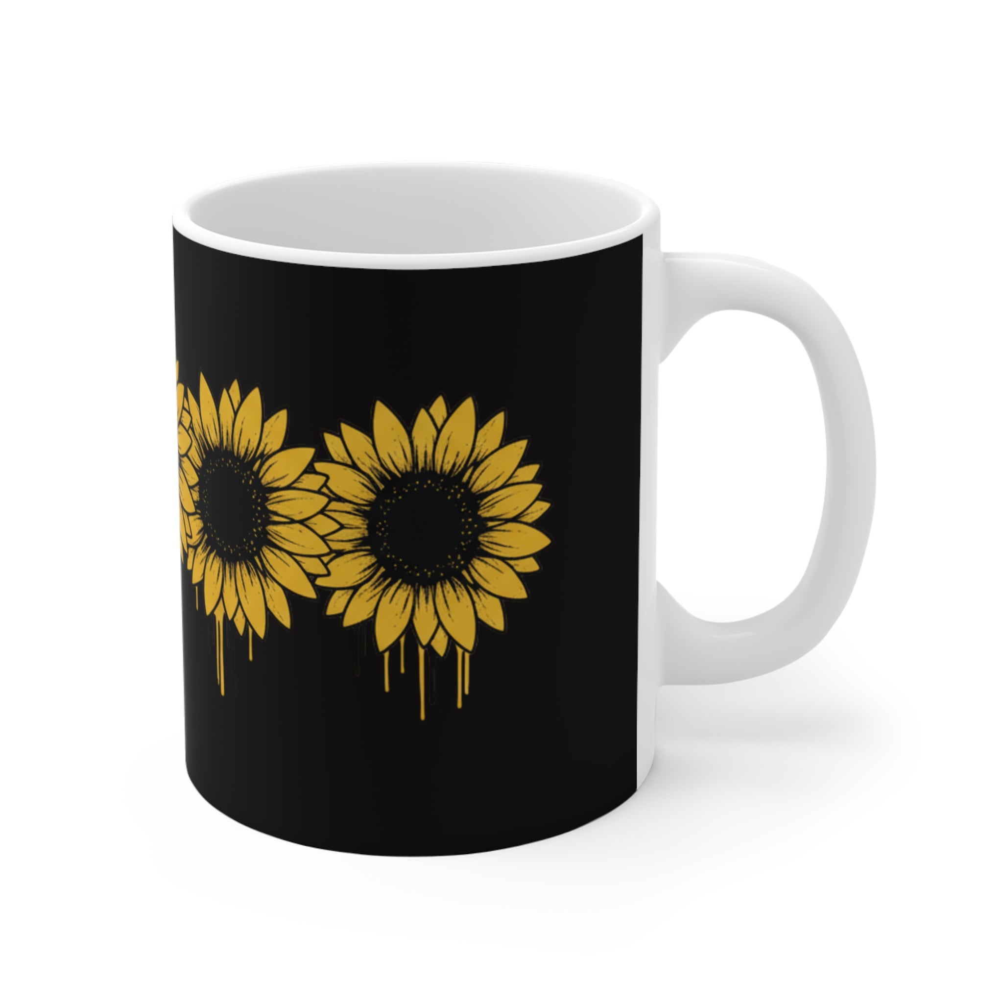 Sunflower Drip Black Ceramic Mug — 11oz Floral Coffee Cup