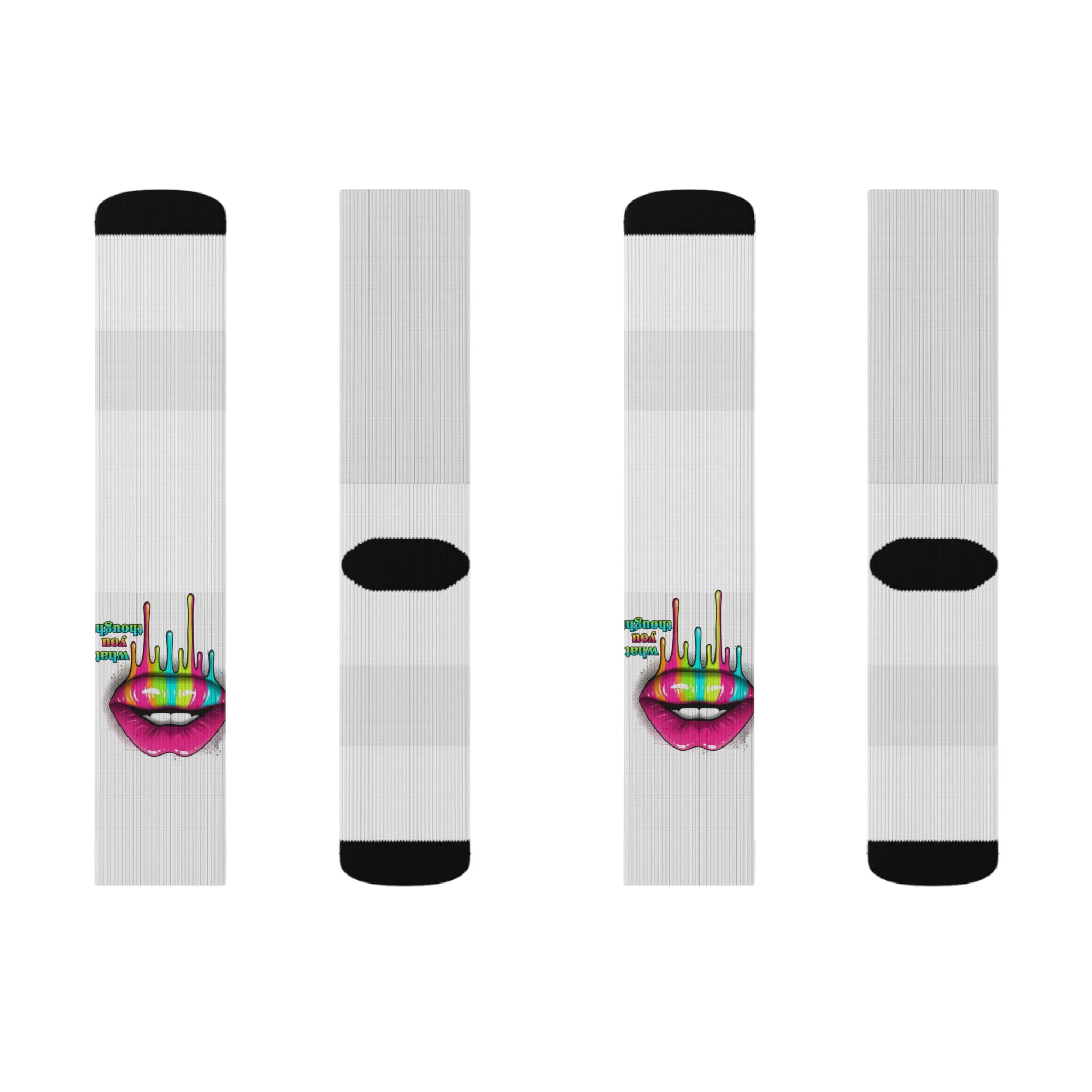 Colorful Lip Art Socks — Sublimated Graphic Crew Socks with Rainbow Drip Design