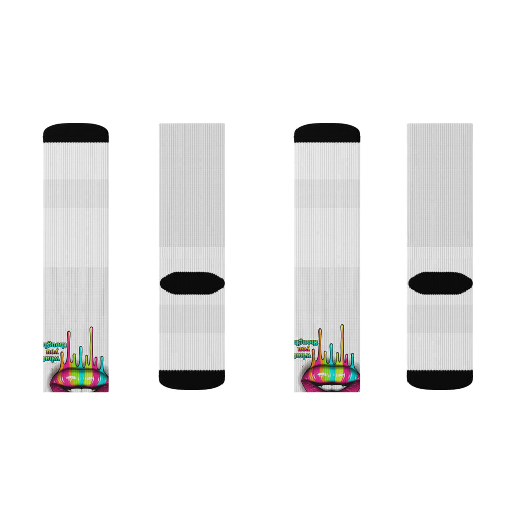 Colorful Lip Art Socks — Sublimated Graphic Crew Socks with Rainbow Drip Design