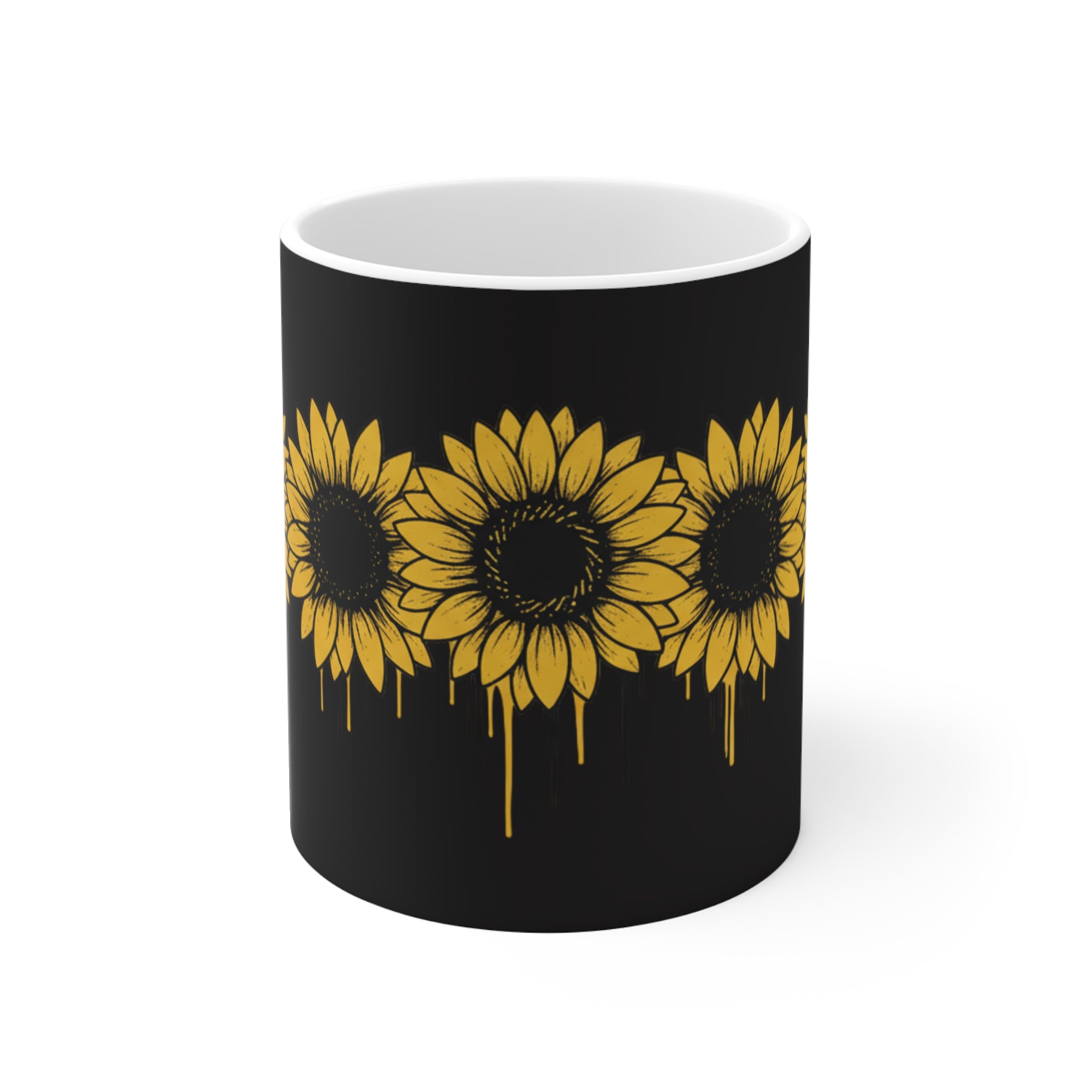 Sunflower Drip Black Ceramic Mug — 11oz Floral Coffee Cup