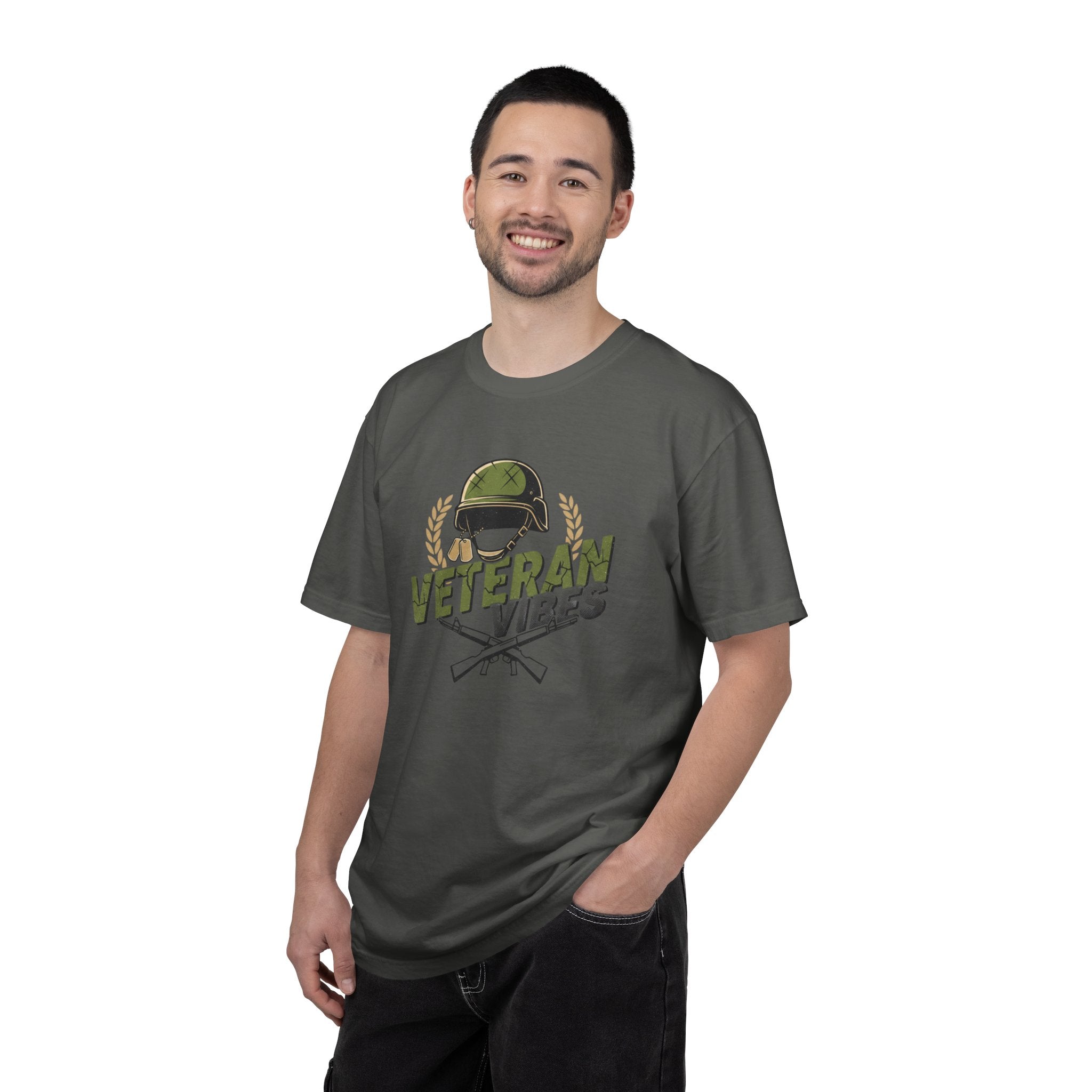 Veteran Vibes T-Shirt — Military Helmet & Crossed Rifles Veteran Shirt