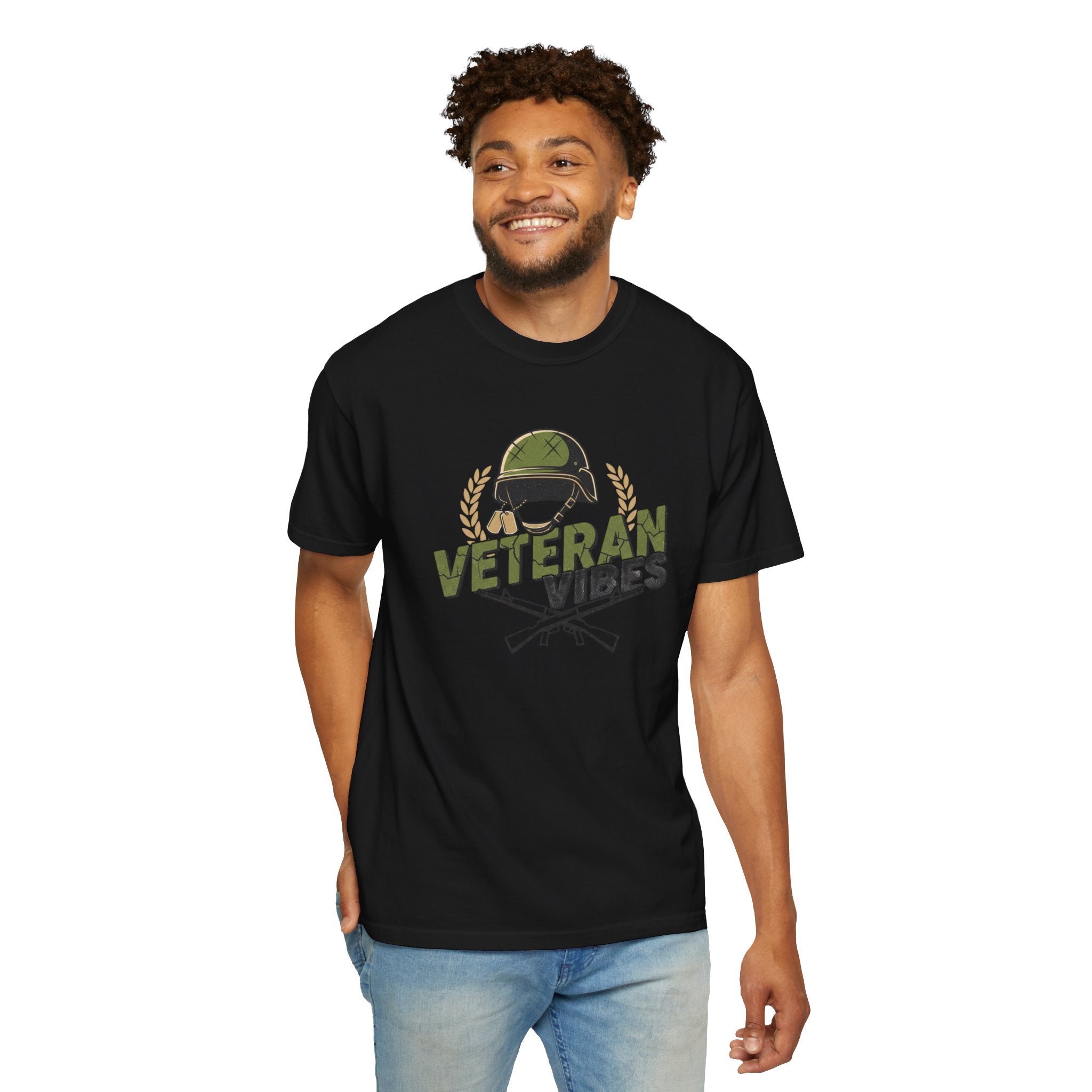 Veteran Vibes T-Shirt — Military Helmet & Crossed Rifles Veteran Shirt