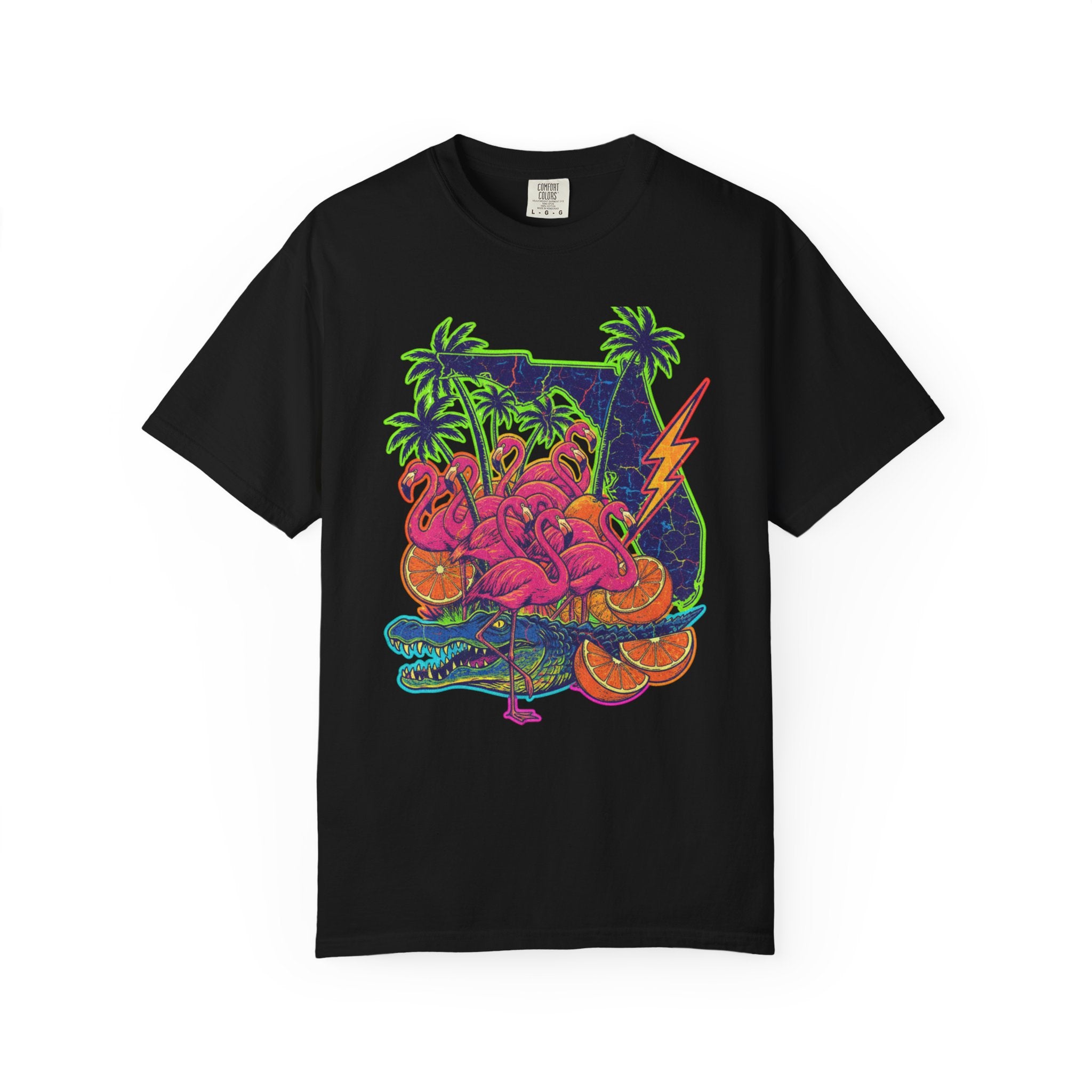 T-Shirt — Neon Flamingo & Crocodile Tropical Graphic