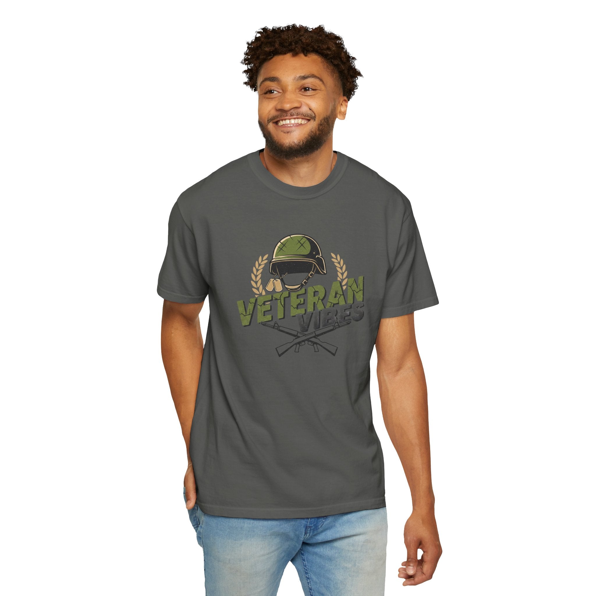 Veteran Vibes T-Shirt — Military Helmet & Crossed Rifles Veteran Shirt