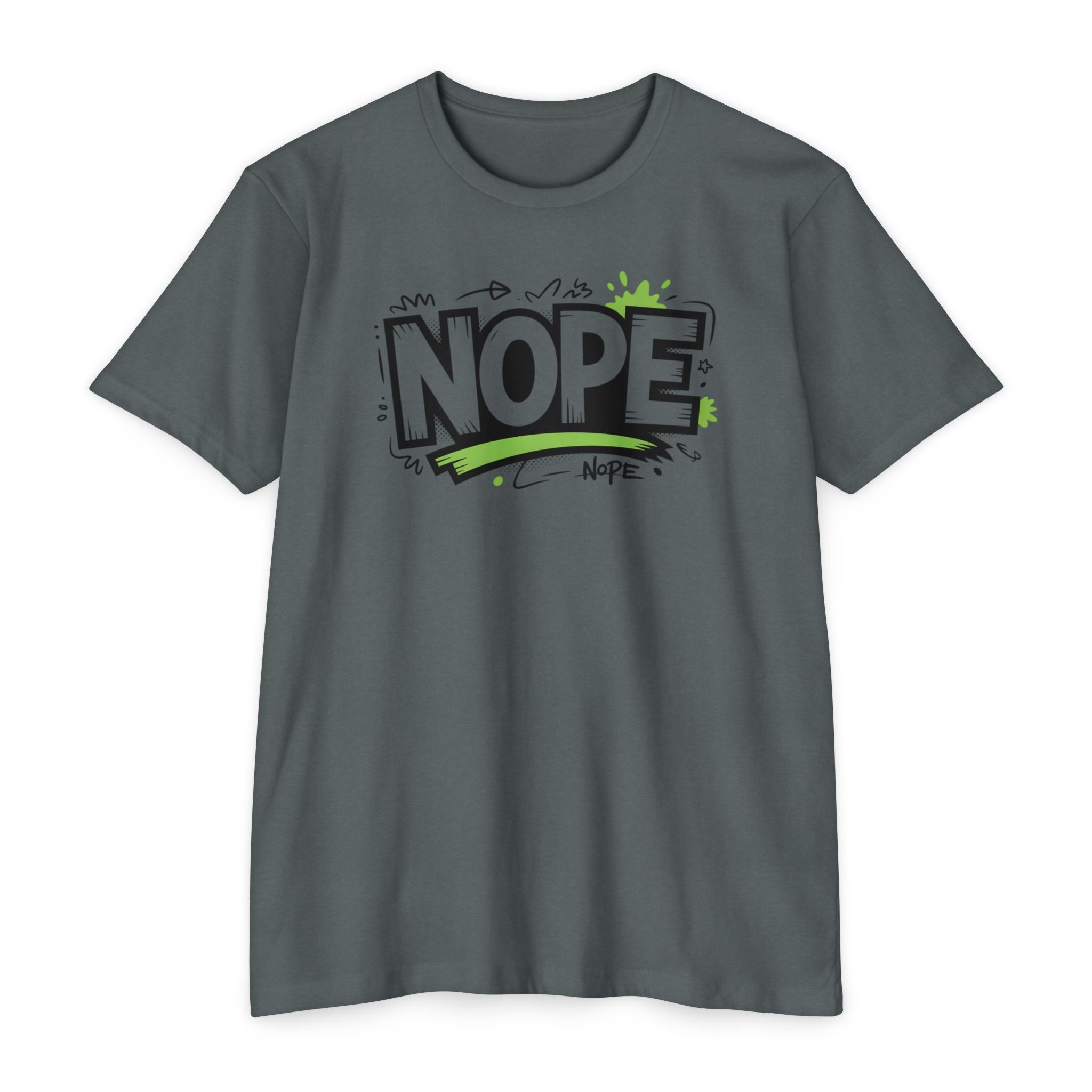 NOPE Graphic T-Shirt — Casual Olive Tee with Green Street Art Slogan