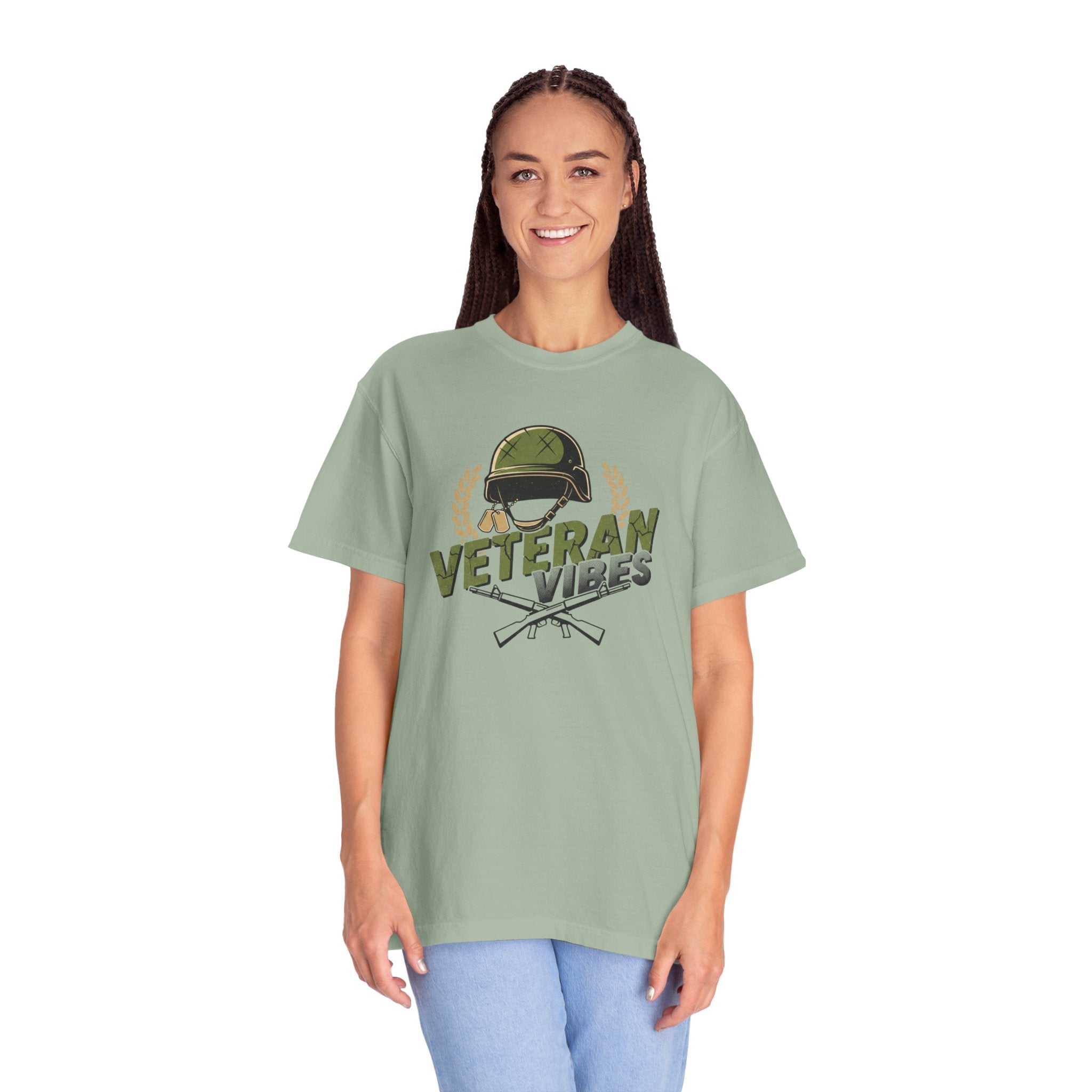 Veteran Vibes T-Shirt — Military Helmet & Crossed Rifles Veteran Shirt