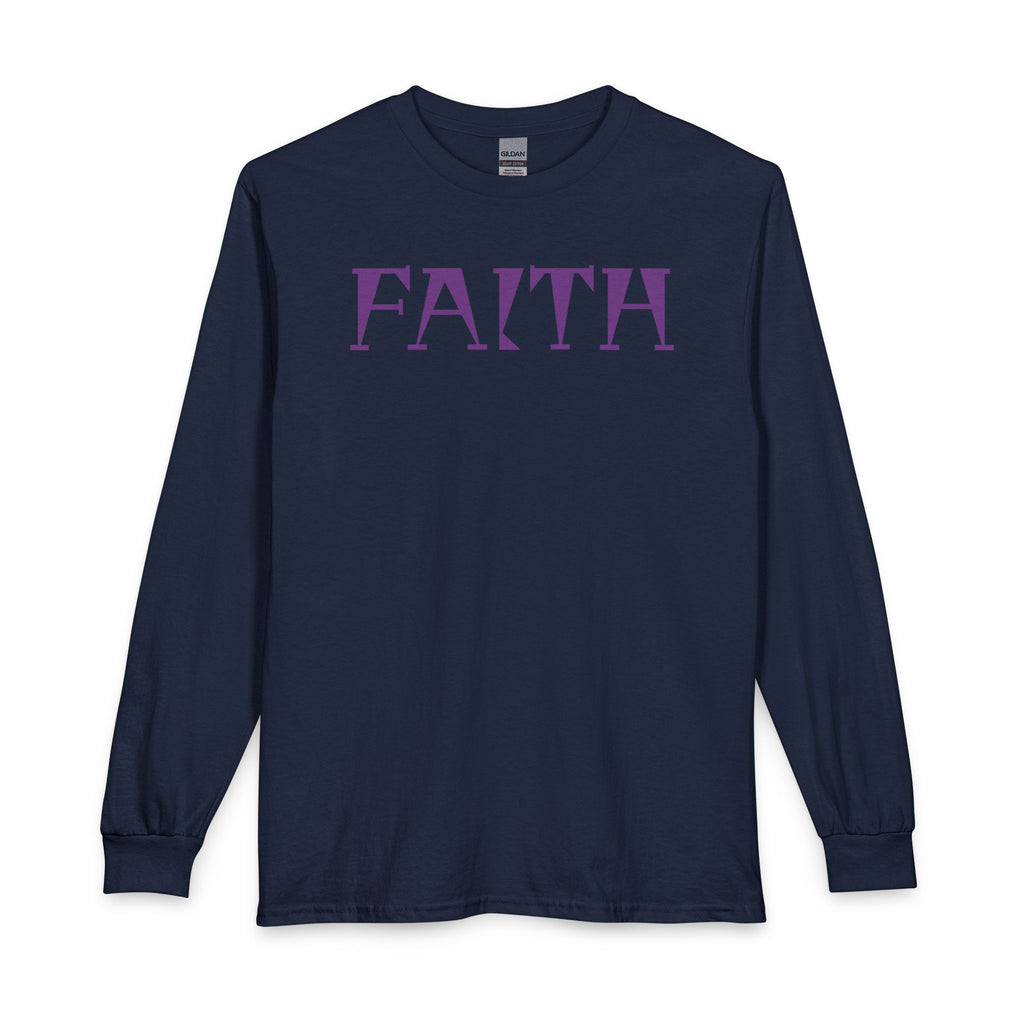 Faith Long Sleeve Tee — Purple Gothic Lettering Spiritual Shirt