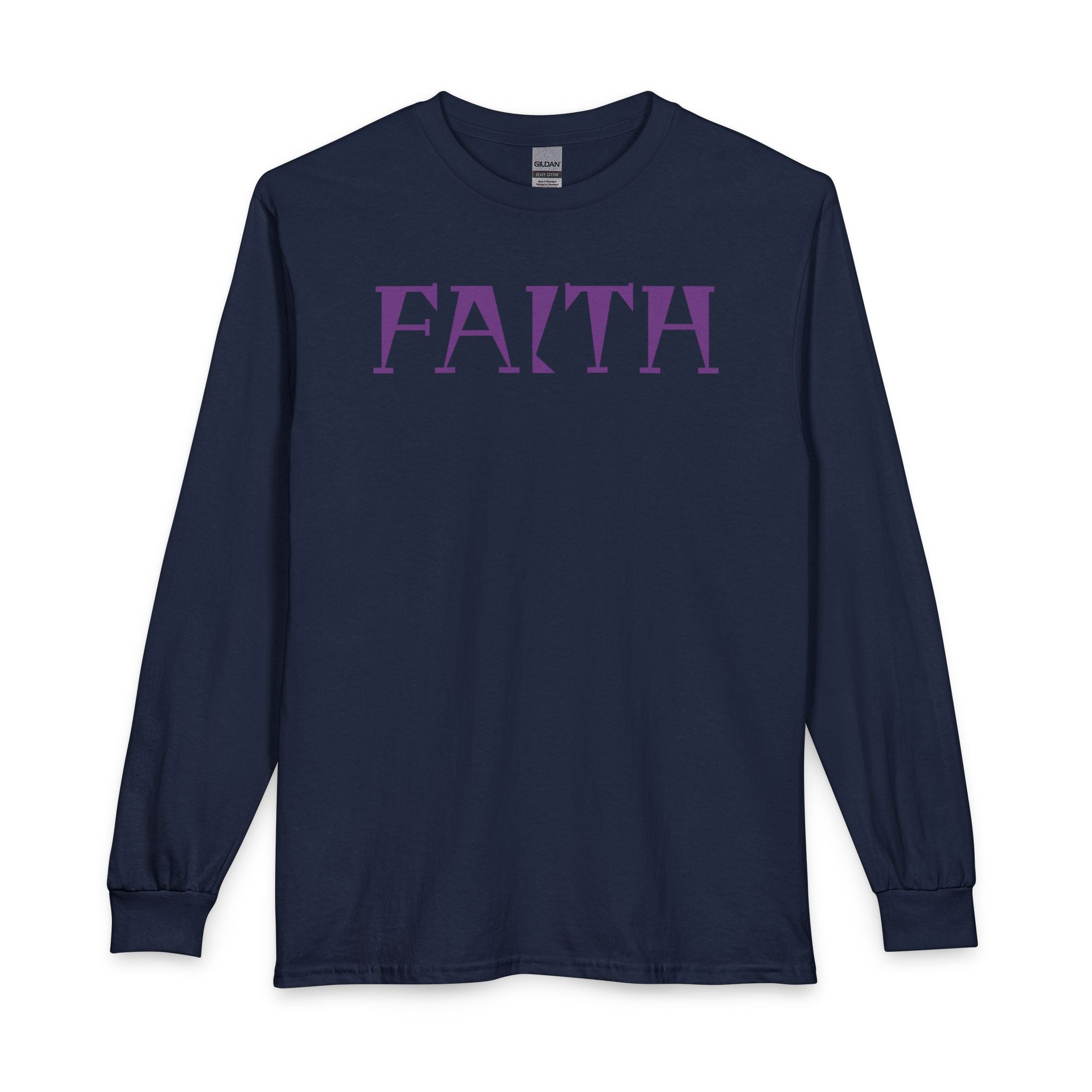 Faith Long Sleeve Tee — Purple Gothic Lettering Spiritual Shirt