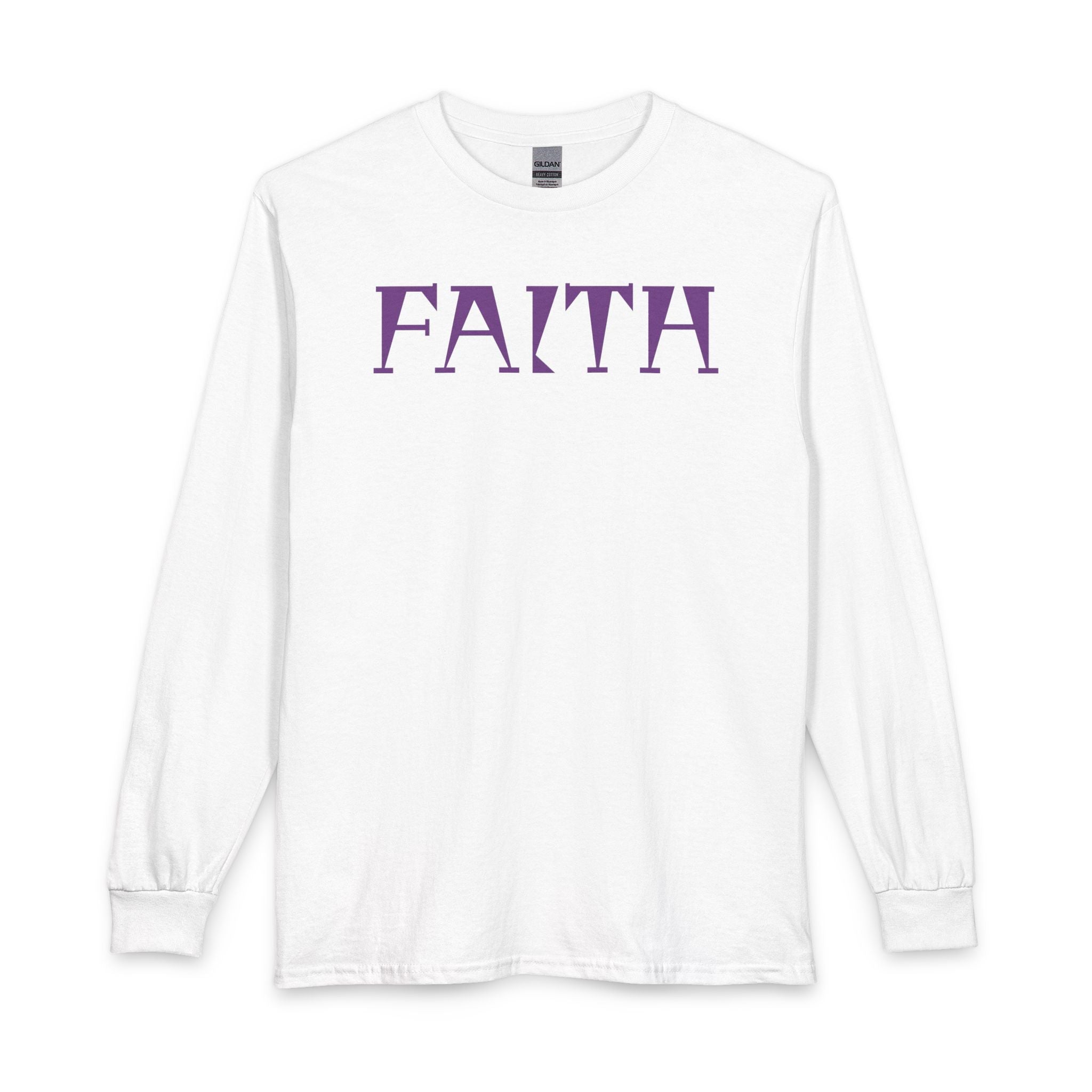 Faith Long Sleeve Tee — Purple Gothic Lettering Spiritual Shirt