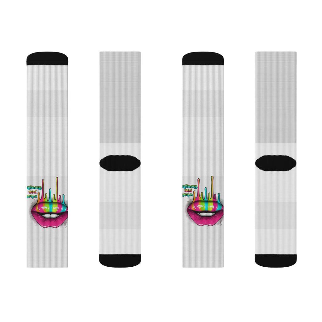 Colorful Lip Art Socks — Sublimated Graphic Crew Socks with Rainbow Drip Design