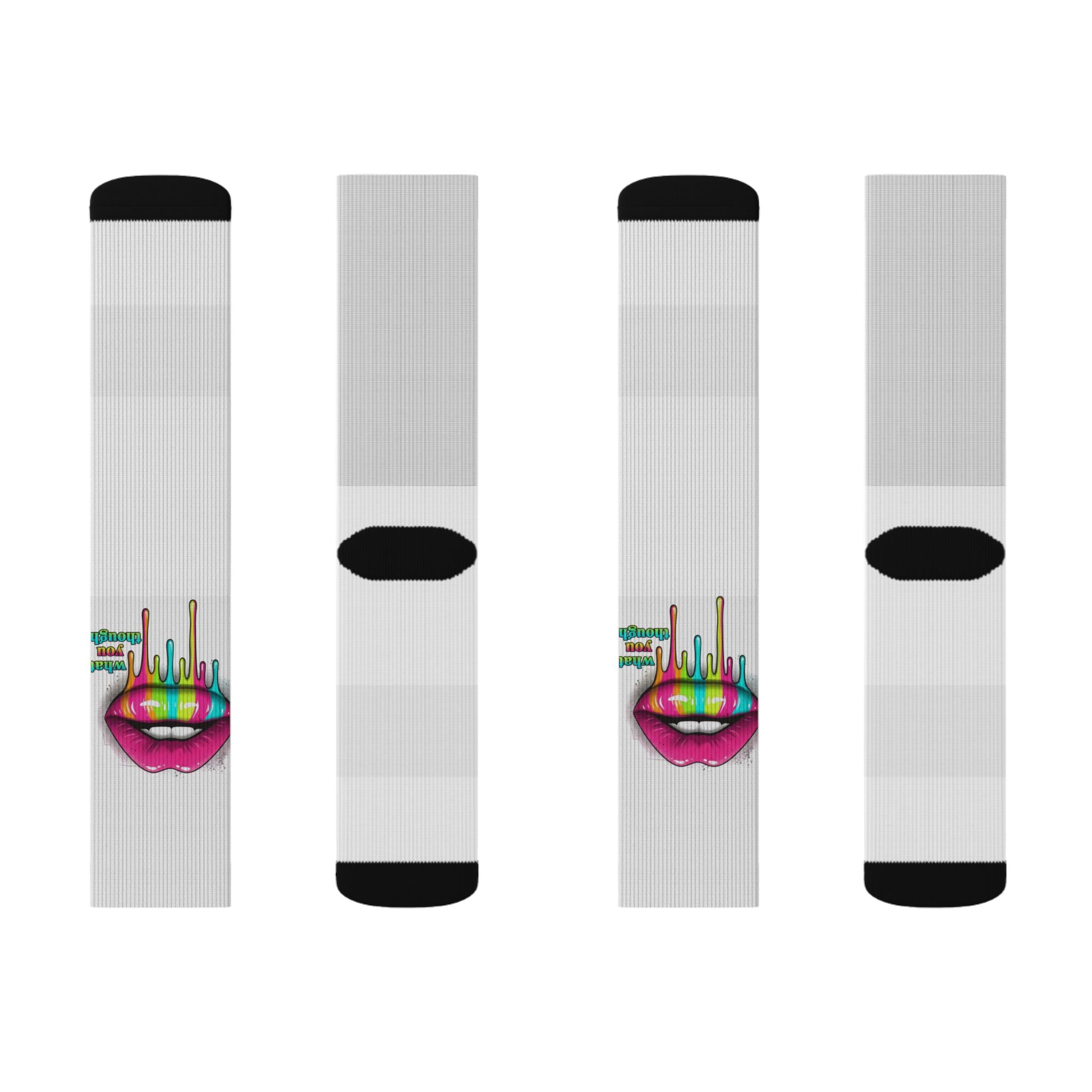 Colorful Lip Art Socks — Sublimated Graphic Crew Socks with Rainbow Drip Design