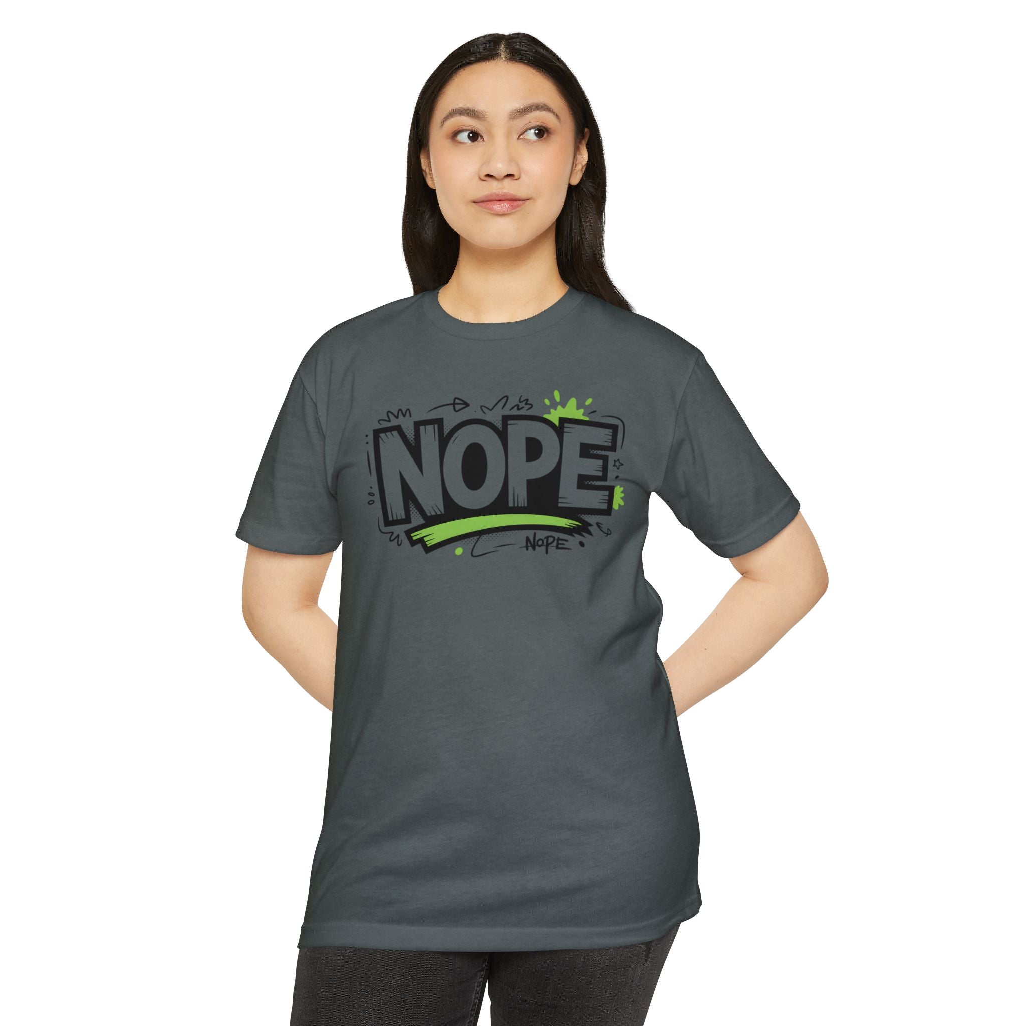 NOPE Graphic T-Shirt — Casual Olive Tee with Green Street Art Slogan
