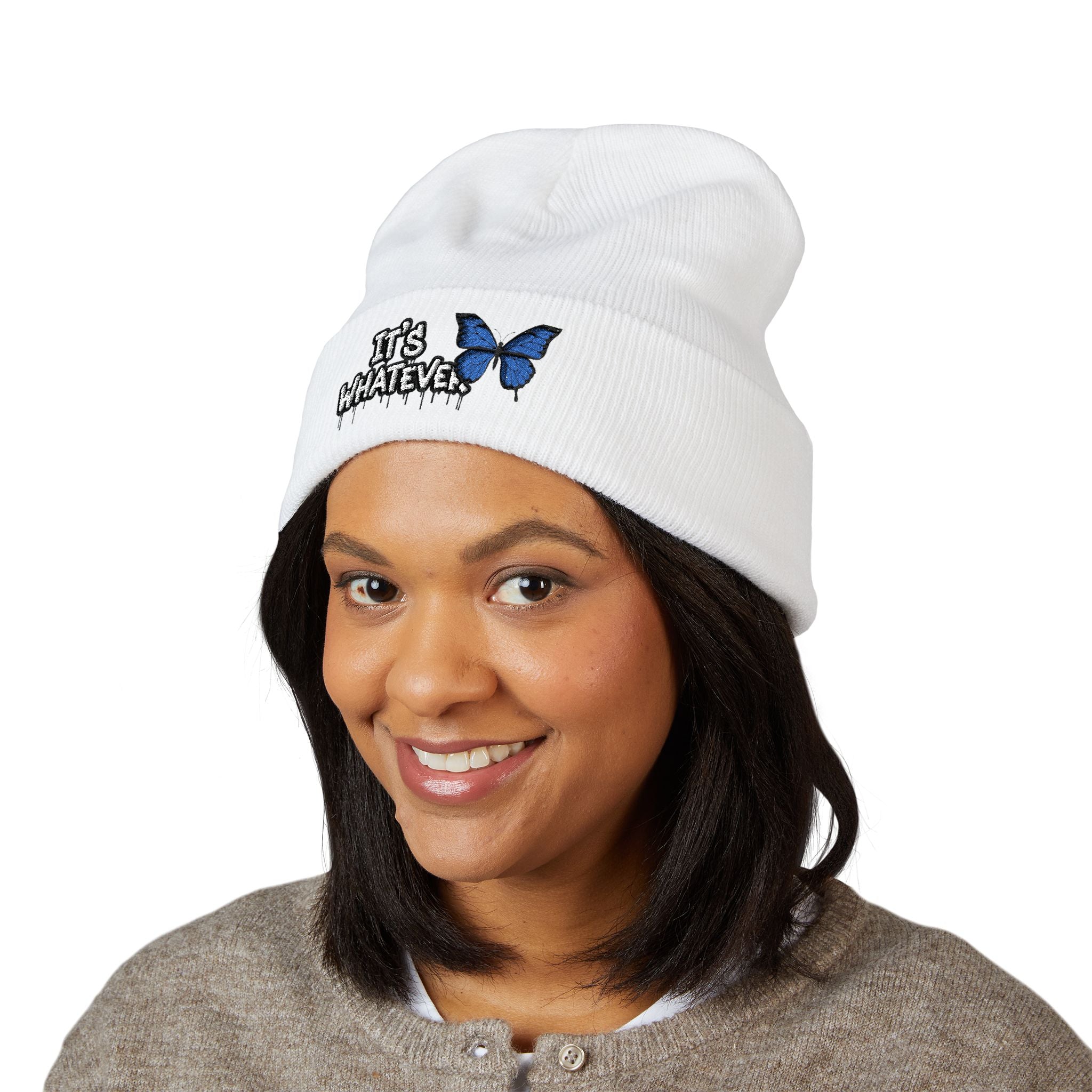 Embroidered 'It's Whatever' Beanie — Blue Butterfly Cuffed Knit Hat