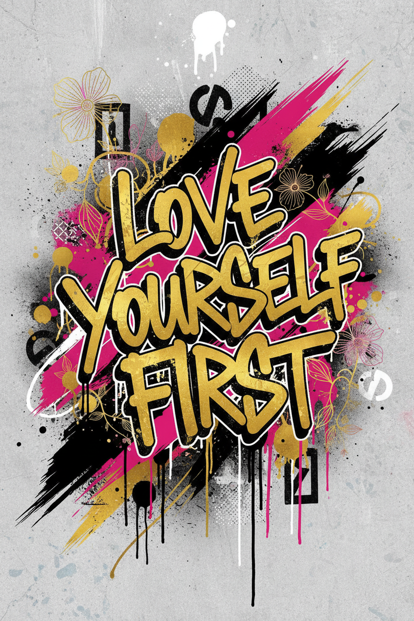 Love Yourself First bold grip motivational phone wallpaper with graffiti typography and gold pink brush strokes